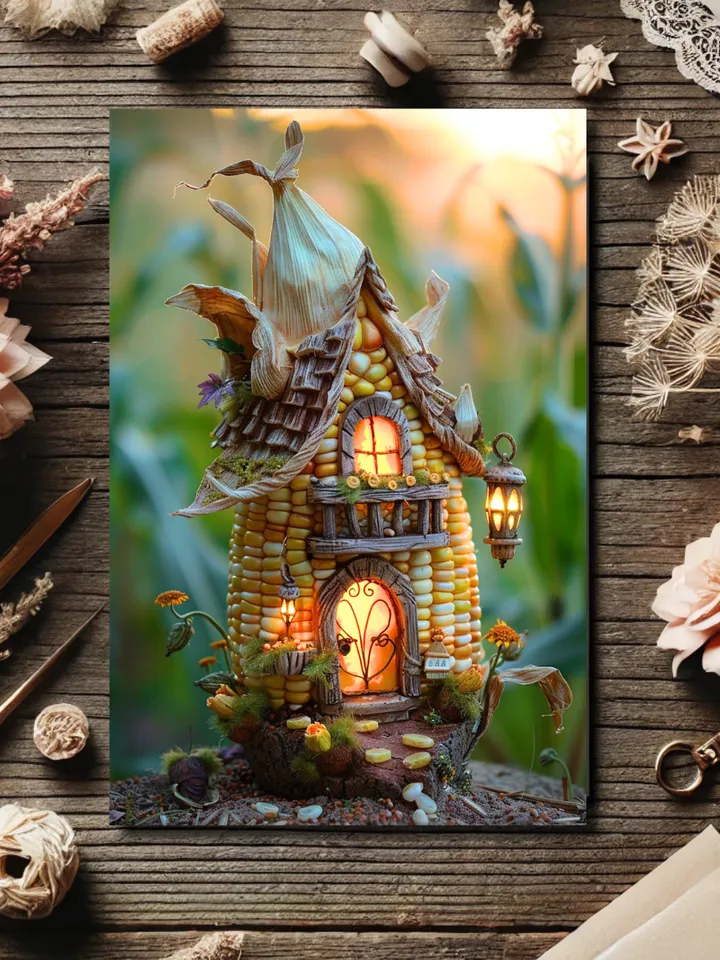 Set of 6 Enchanted Corn Cob Fairy House Postcards – Whimsical Fantasy Art