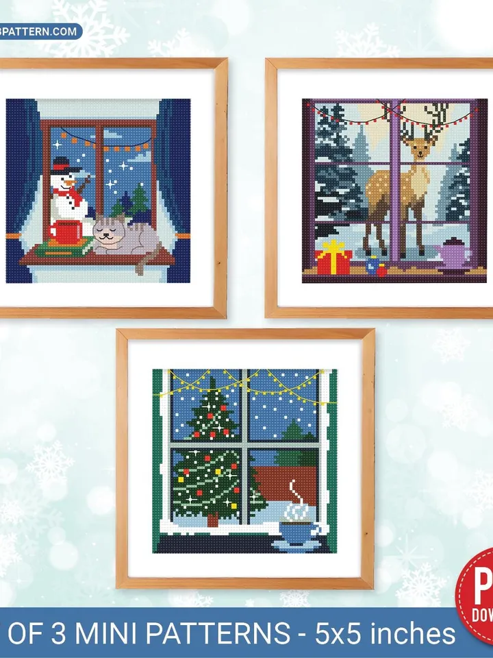 Christmas Bundle 3 mini Cross stitch patterns, contemporary New Year, Winter, beginner counted, modern, gift DIY, embroidery, instant PDF