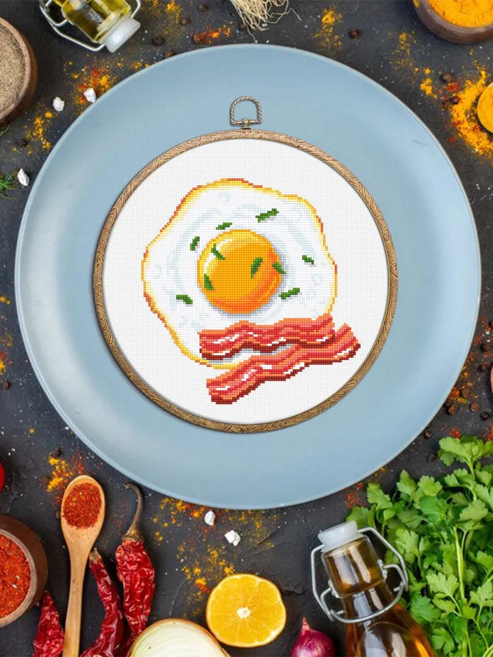 Fried egg with bacon cross stitch pattern PDF download Food cross stitch chart for beginners, Egg pattern digital PDF, Kitchen decor #F22