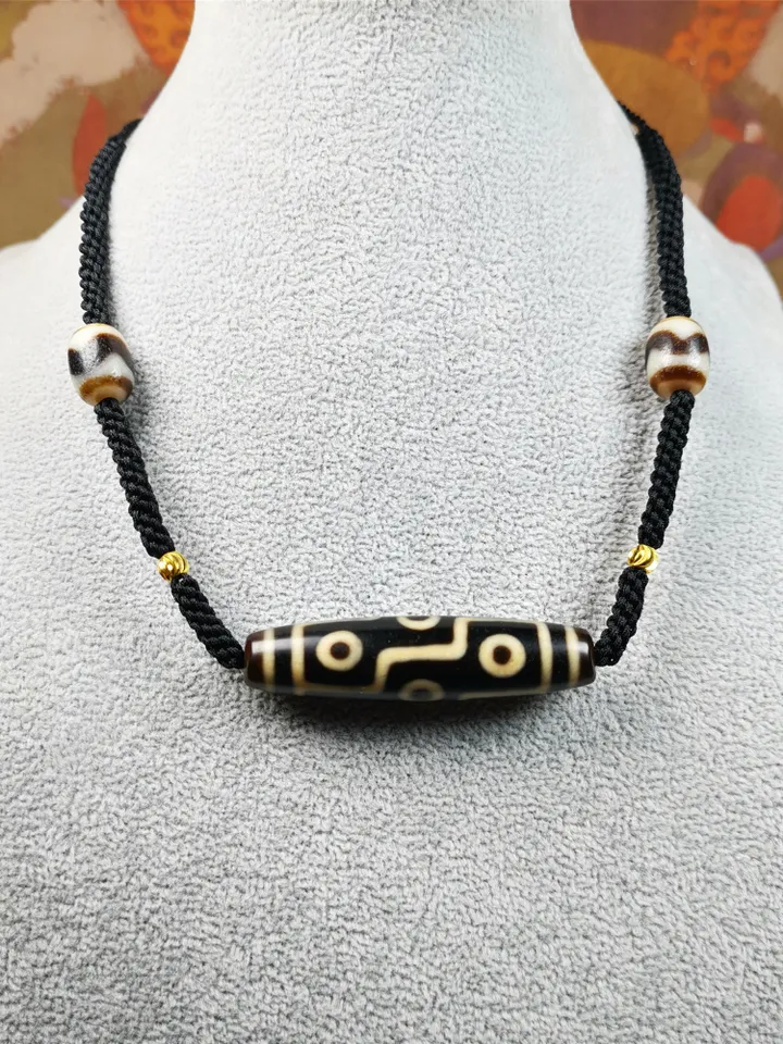 Gandhanra Antique Tibetan 9 Eyed Dzi Bead Necklace, 2.1&quot; x 0.51&quot;, 30 Years Old