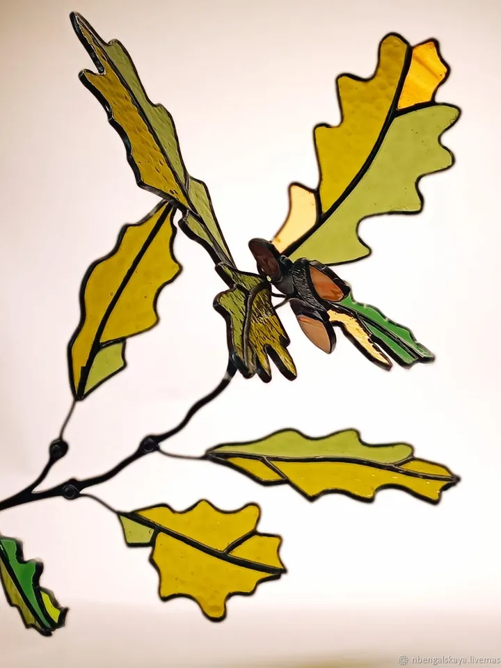 Stained Glass: Oak Twig. Tiffany Technique, Oak Branch. Tiffany-Style Stained Glass, Tiffany Stained Glass: Oak Leaf Branch, Tiffany-Style Stained Glass Oak Branch, Oak Twig in Tiffany-Style Stained Glass, Tiffany Stained Glass Oak Branch Design
