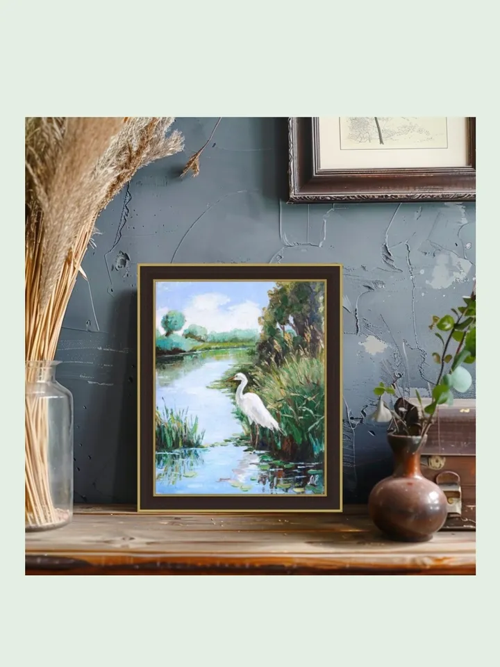 Heron on a Tranquil Riverbank - Impressionist Palette Knife Oil Painting Bird Standing by the Water in Lush Greenery Original Artwork