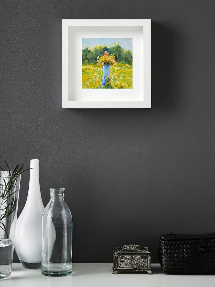 Original Art Yellow Flowers and Girl Wall Art Oil Painting Impasto Artwork Canvas Art Small Painting 6 by 6 inches