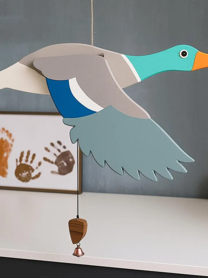 Wooden Duck Mobile – Handmade Flying Bird Toy with Moving Wings | Natural Wood Nursery Decor & Gift for Kids Room or Outdoor Space