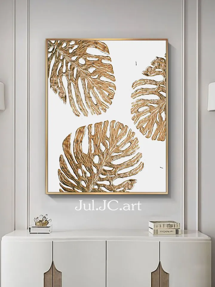 Gold Monstera leaves Painting White and Gold Abstract Wall Art | Botanical Original Art Modern artwork