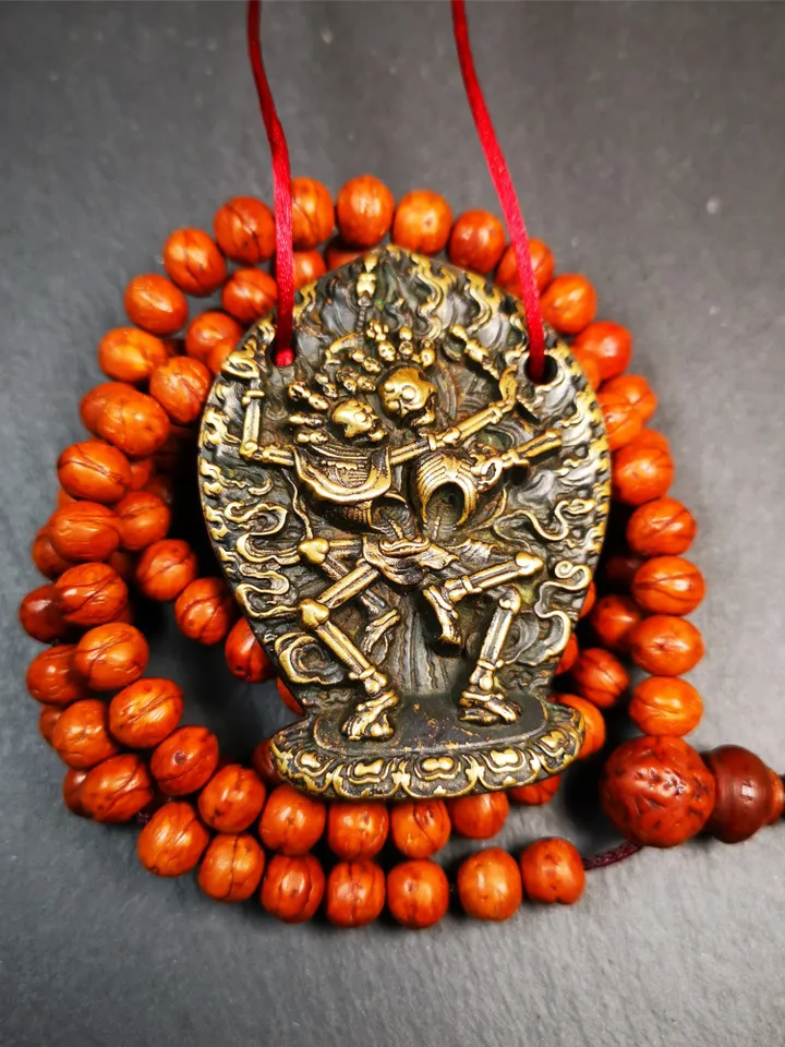 Gandhanra Old Mini Tibetan Buddha Statue Pendant, Skull Masters of Sitavana Badge,2.1&quot; × 1.8&quot;