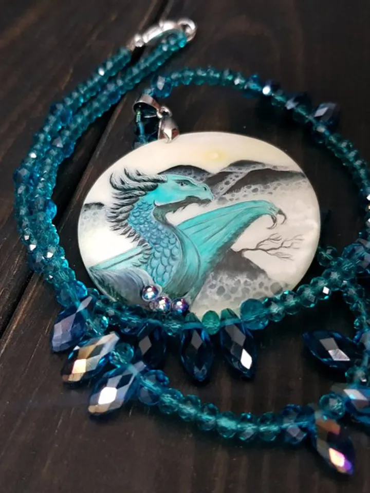 Dragon necklace. Miniature painting of dragon on mother of pearl pendant