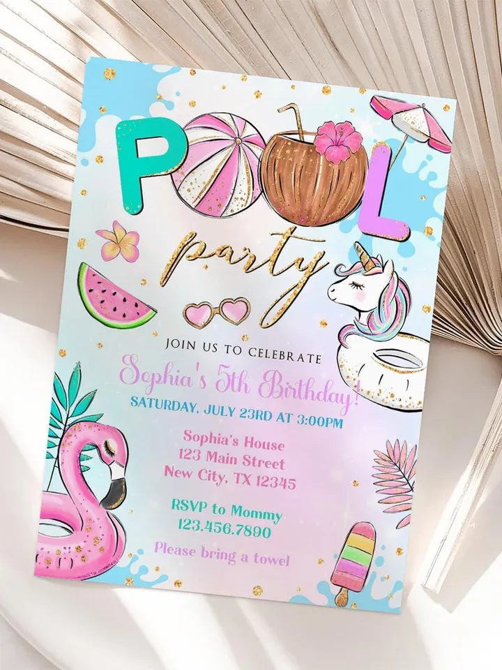 Pool Party Invitation Girl, Pool Party Unicorn Invitation Instant Download, Swimming Party Invite, Canva Editable Template