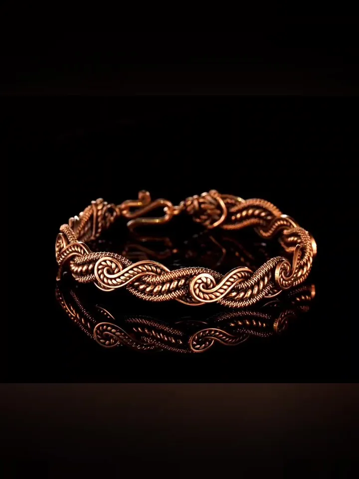 Wire wrapped bracelet, Unique 7th 22nd Anniversary gift idea, Art Nouveau antique style, One of kind braided statement bangle, Handmade oxidized pure copper jewelry, Pain relief, EMF protection