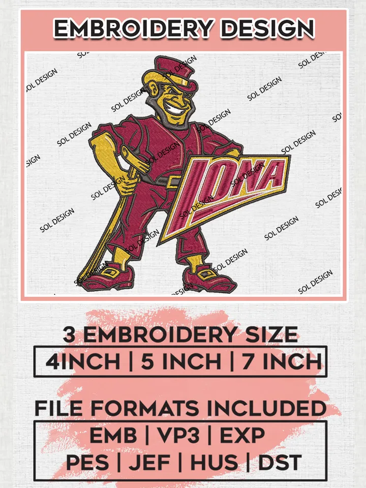 Iona Gaels Football Team Logo Embroidery Design Files, NCAA Iona Gaels Machine Embroidery, NCAA Teams, Game Day, 3 sizes, NCAA Machine embroidery designs, Digital Download