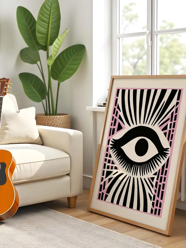 Eye Art Print Set, Bold Eye Poster, Pink Accent Graphic Print, Abstract Eye Wall Art, Minimal Eye Illustration, instant Digital Download