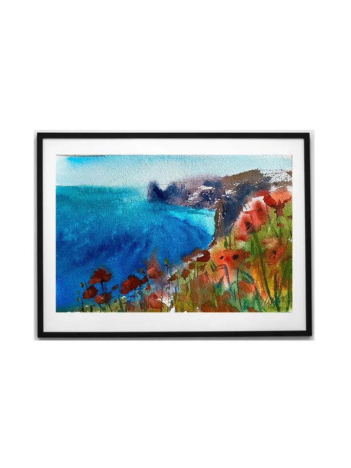 Watercolor landscape seascape painting  blue colours