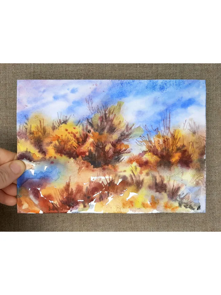 Golden Autumn Bright fall day ORIGINAL Watercolor Painting colorful Small Art Signed by artist Marina Chuchko 5,5x8 inches