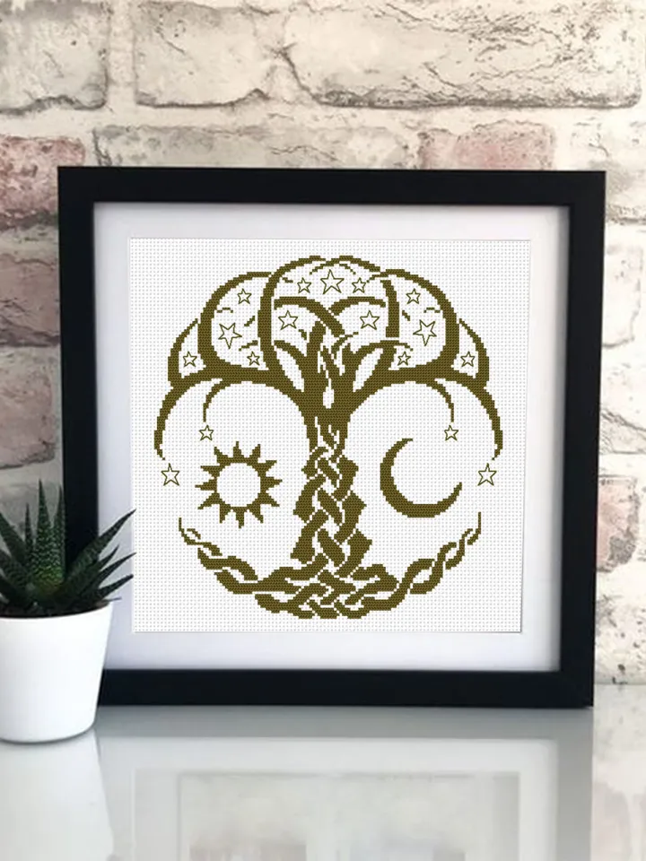 Celtic Tree of life cross stitch pattern PDF Monochrome mandala cross stitch chart, Tree embroidery Instant download PDF, Sun and moon #M189