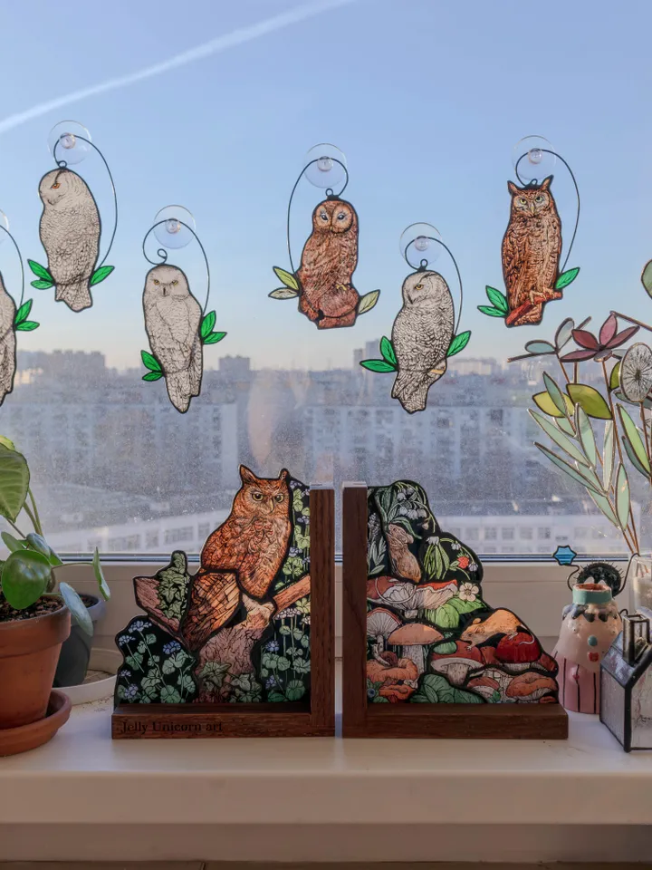 Stained glass bookends with mushrooms and owl, Home decor with fungi