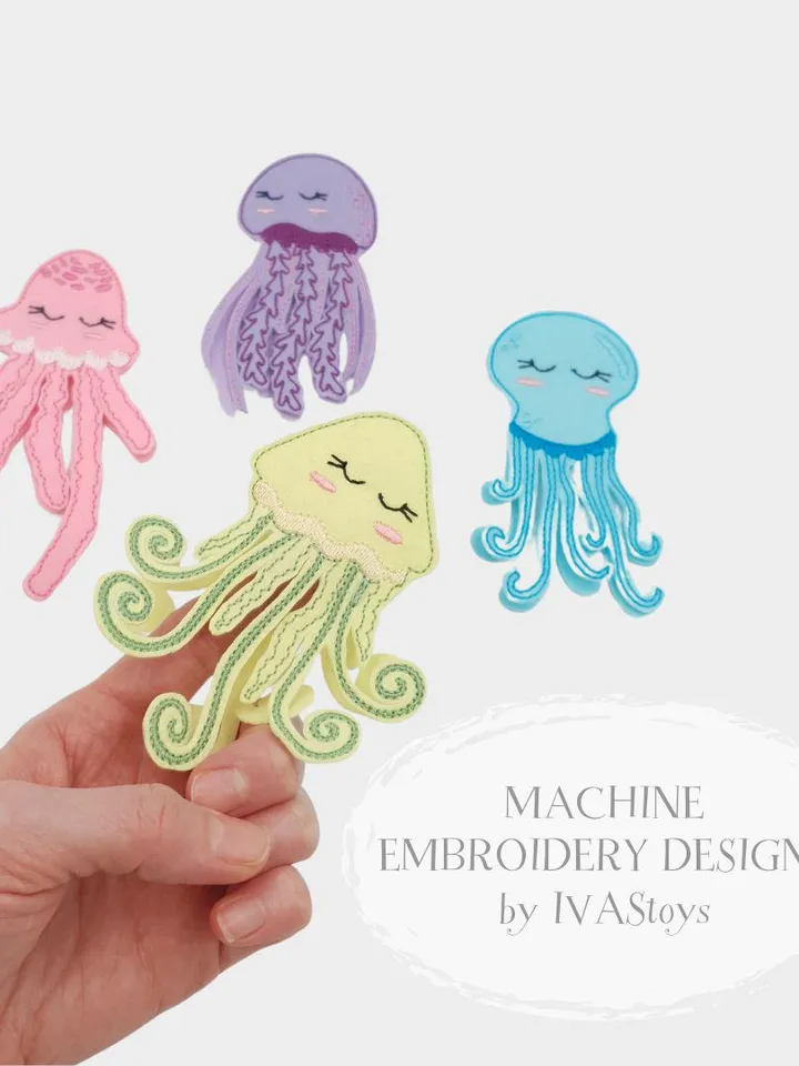 Jellyfish Finger Puppets ITH Embroidery Design Set (4 pcs), Cute Ocean Animals Felt Puppet Pattern, Sea Life Toy Digital File