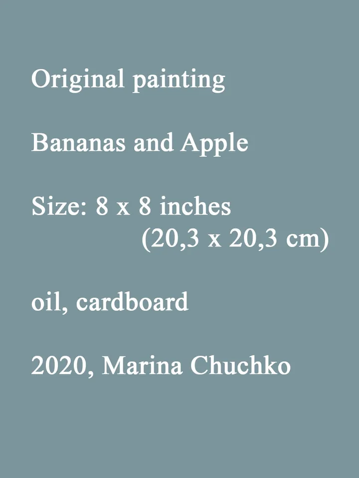 Bananas Apple on red PAINTING 8x8" ORIGINAL Kitchen Art Still Life with fruits Fine Oil Art Signed by artist Marina Chuchko