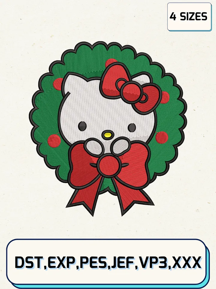 Kitty Chrismas Embroidery Design,Christmas Embroidery Designs,Machine Embroidery Files,Kitty Embroidery Design,4 Sizes