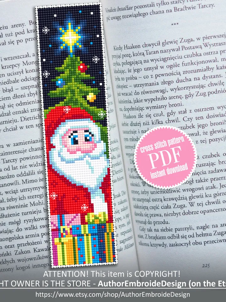 Christmas bookmark cross stitch pattern download PDF Handmade bookmark Santa Claus xstitch chart Winter holiday cross stitch New Year #B54