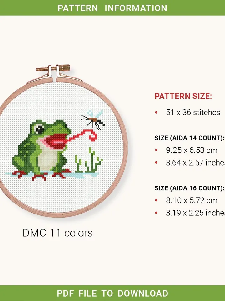 Frog Mosquito cross stitch pattern PDF – Green Frog embroidery - Instant download – Small Cross stitch patterns, Insect cross stitch, DIY