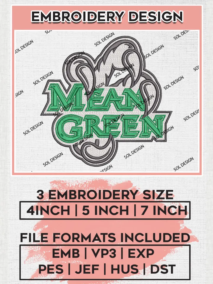 NCAA Mean Green College Football Team Logo Embroidery Design Files, NCAA North Texas Mean Green Team Embroidery, NCAA Game Day, Machine embroidery designs, Digital Download