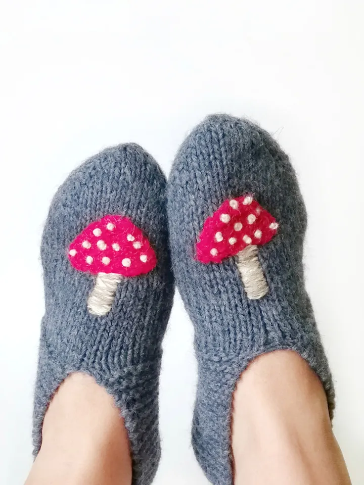 Hand-Knitted Mushroom Embroidered Socks-Slippers for Women, Merino and Alpaca Wool. Cute Warm Indoor Slipper-Socks. FREE SHIPPING!