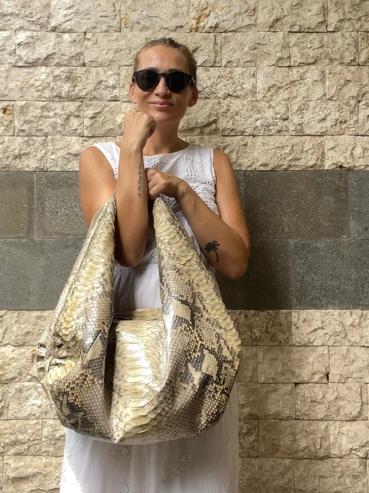 Big Soft Hobo Classy Sport Woman Bag | Purse Genuine Python Skin | Python Skin Products | Beige Big Elegant Leather Designer Soft Bag Snake