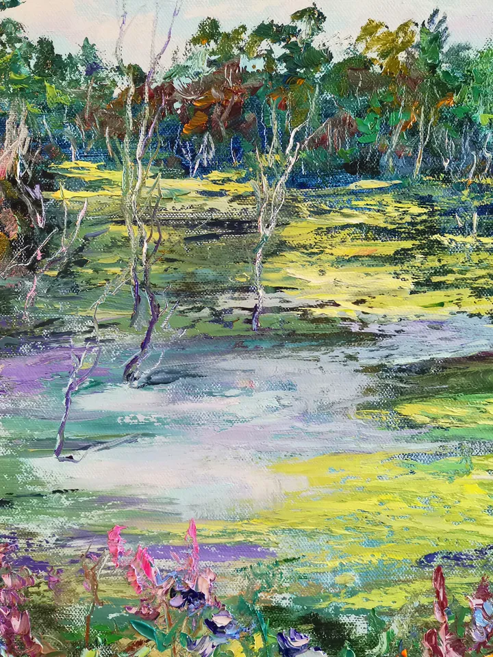 Pond Forest Flowers Oil Painting Landscape Impasto Original Artist Svinar Oksana