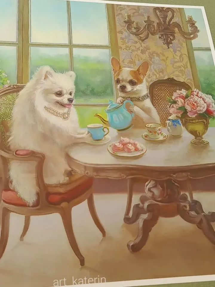 print of oil painting Chihuahua "Tea party with marshmallow"