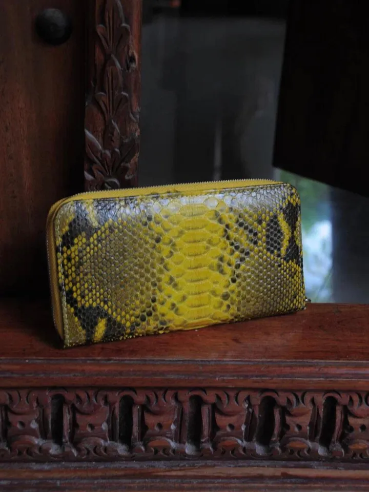 Wallet genuine python skin yellow snake color, women wallet, leather lady wallet, classic zip wallet, designer wallet handmade, money wallet