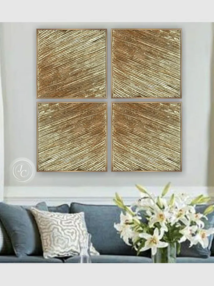 Gold Abstract Wall Art Set of 4 Original Paintings Textured art | Gold Metallic Modern wall decor Gold Leaf Art