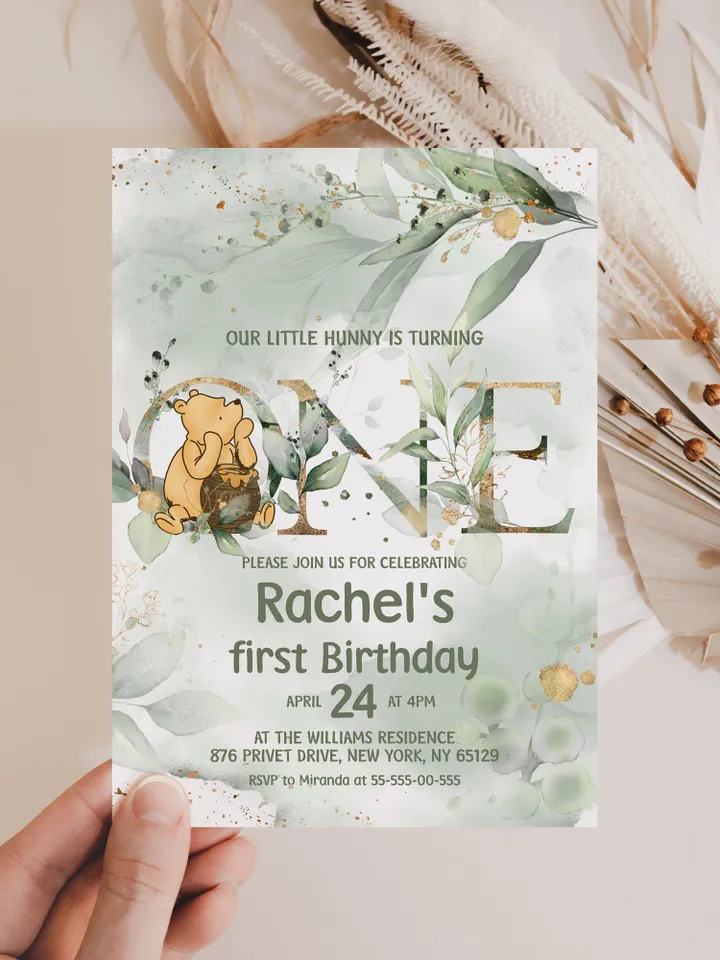 Classic Winnie Pooh Baby Birthday Invitation; Winnie Pooh Baby Birthday ; Greenery Baby Birthday; Honey Bear Birthday; Winnie Pooh wp