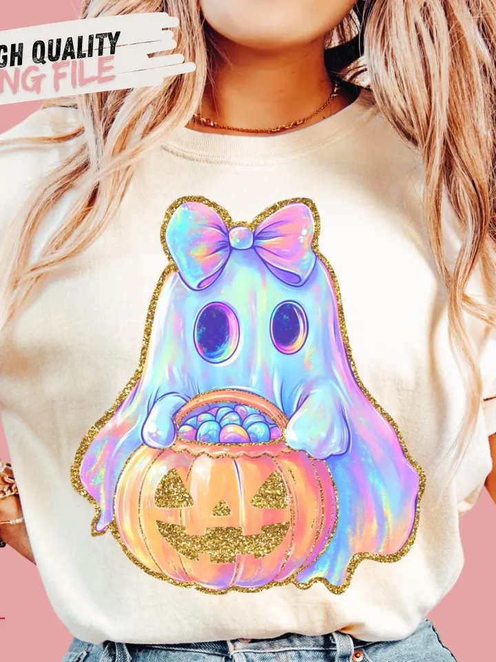 Iridescent Ghost Pumpkin PNG, Coquette Halloween Design, Iridescent Ghost Pumpkin Design, Halloween PNG, Girly Halloween Png, Cute Ghost Png