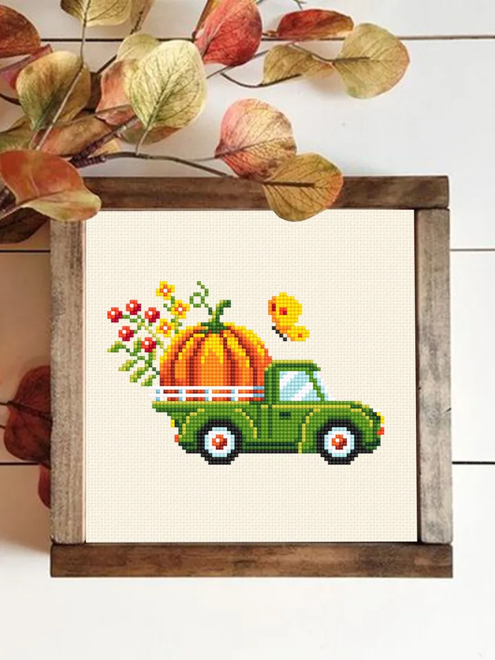 Fall truck with pumpkin cross stitch pattern PDF download Farmhouse truck cross stitch chart, Small pumpkin pattern PDF, Thanksgiving #H60