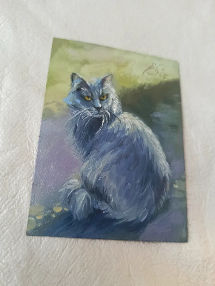 Original ACEO oil painting, Street smoky cat, Miniature collectible painting 2.5x3.5 inches
