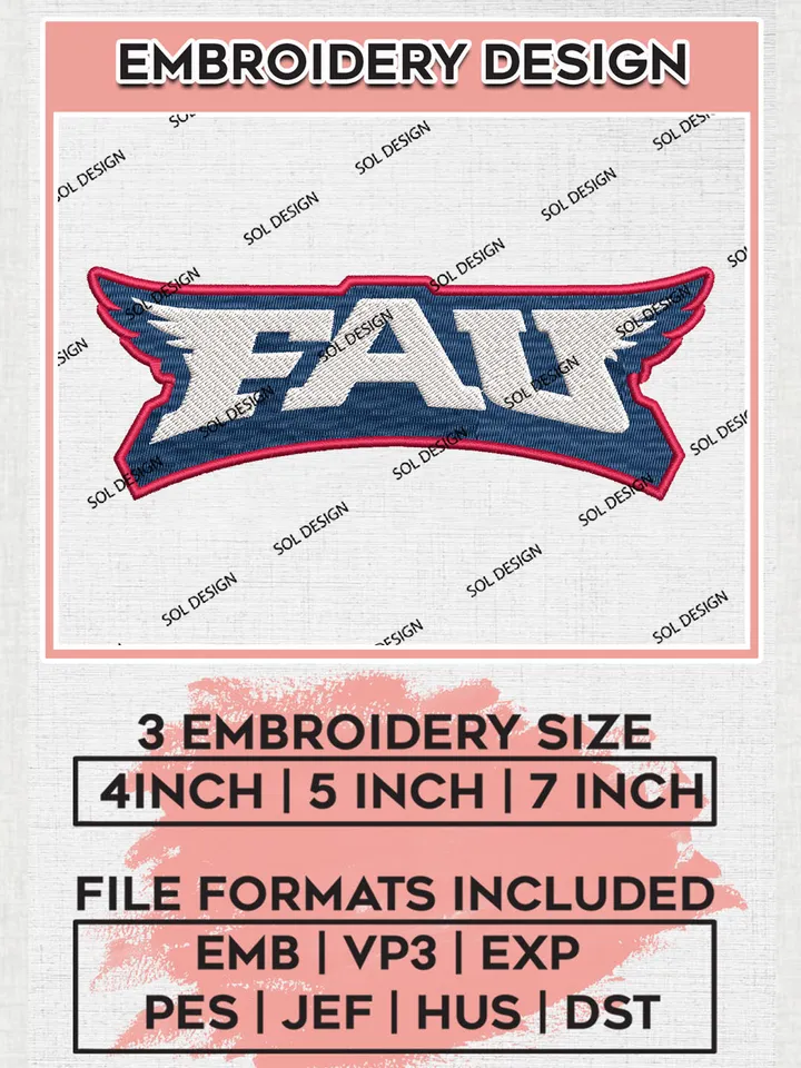 NCAA FAU Owls Team Logo Embroidery Design Files, NCAA Florida Atlantic Owls Machine Embroidery, NCAA Teams, 3 sizes, NCAA Machine embroidery designs, Digital Download