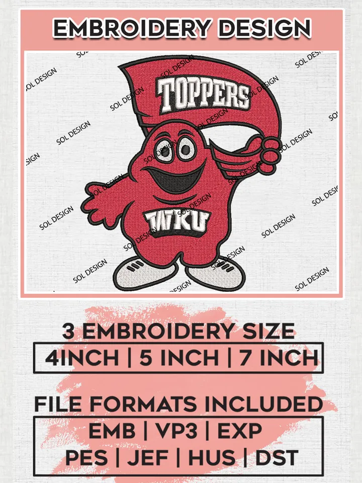 NCAA WKU Hilltoppers Team Mascot Logo Embroidery Design Files, NCAA Western Kentucky Hilltoppers Machine Embroidery, NCAA Teams, Game Day, 3 sizes, NCAA Machine embroidery designs, Digital Download