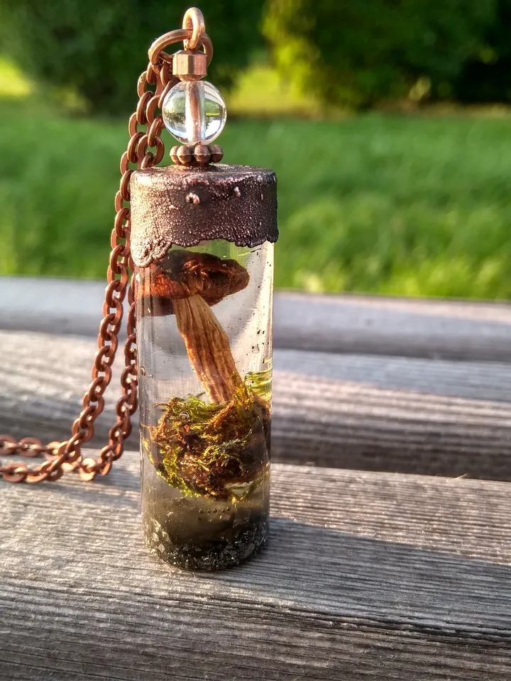 Magic mushroom necklace with green moss and Pyrite gemstone Resin pendant with mushroom Forest jewelry