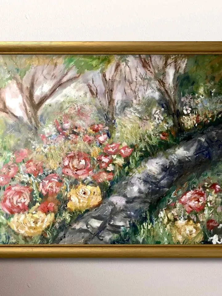 Flower garden original oil pastel painting,flowers painting,forest painting, colourful flowers,affordable gift wall hanging home decoration.