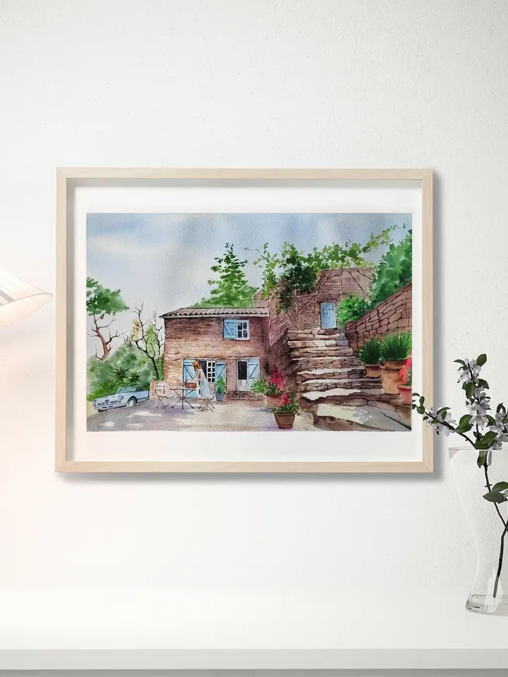 Original Watercolor Painting Rural French Landscape Art Old Stone House Artwork Country Side Picture 30x40 cm by SoftWaves