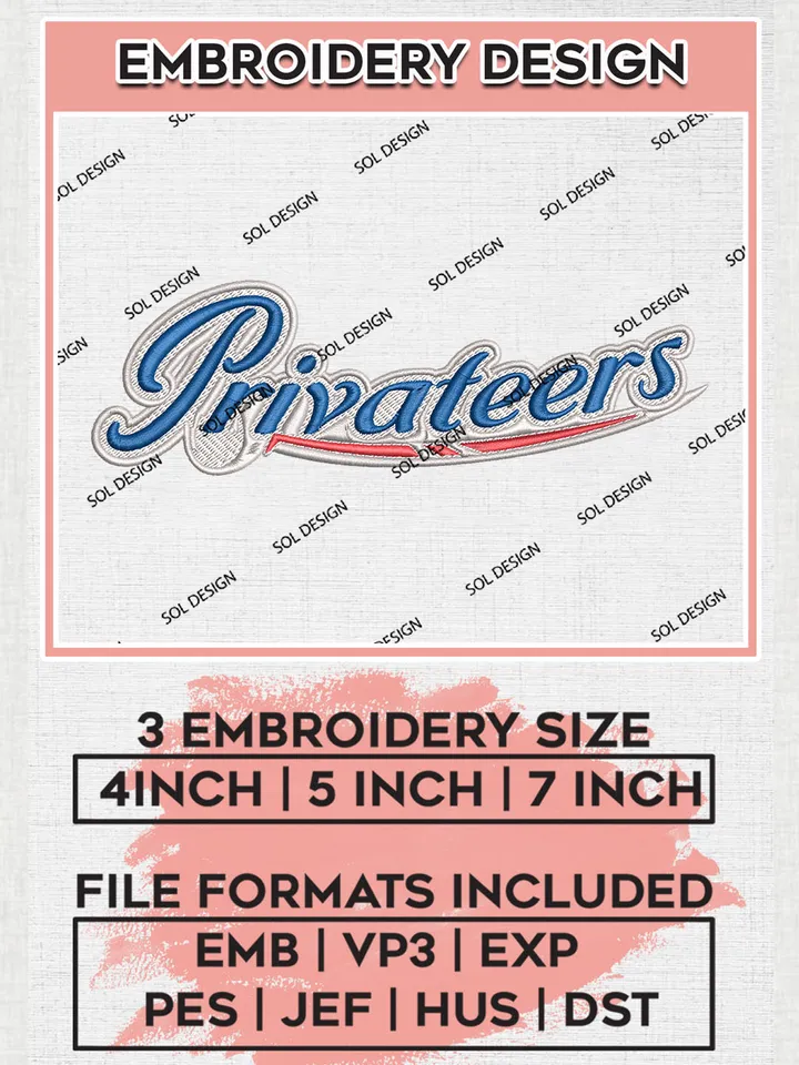 NCAA Privateers College Football Team Word Logo Embroidery Design Files, NCAA New Orleans Privateers Machine Embroidery, NCAA Teams, 3 sizes, NCAA Machine embroidery designs, Digital Download