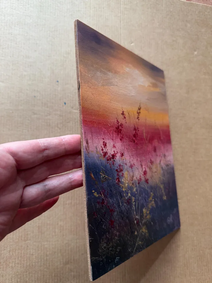 Sunset Oil Painting Meadow Wall Art Field Original Painting