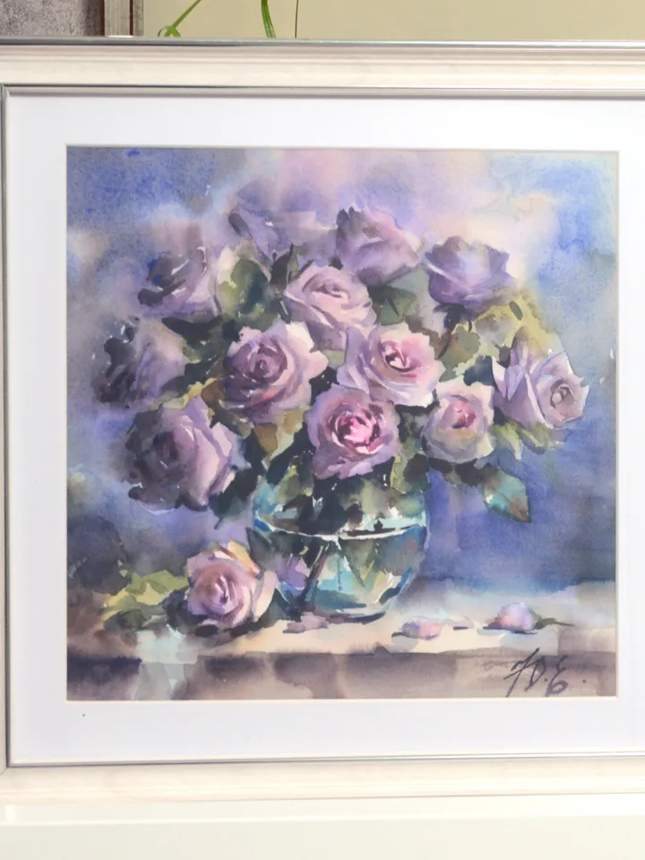 Lilac rose in glass / Original watercolor painting