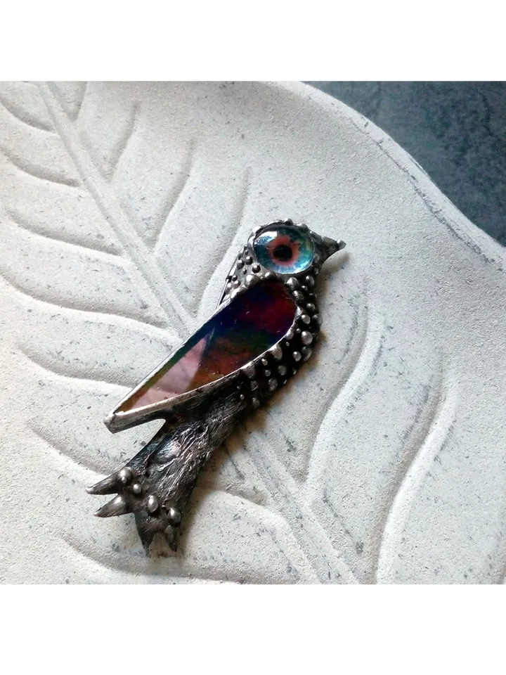 Stained glass bird brooch, Hummingbird pin, iridescent stained glass, exotic bird pin, Tropical bird brooch