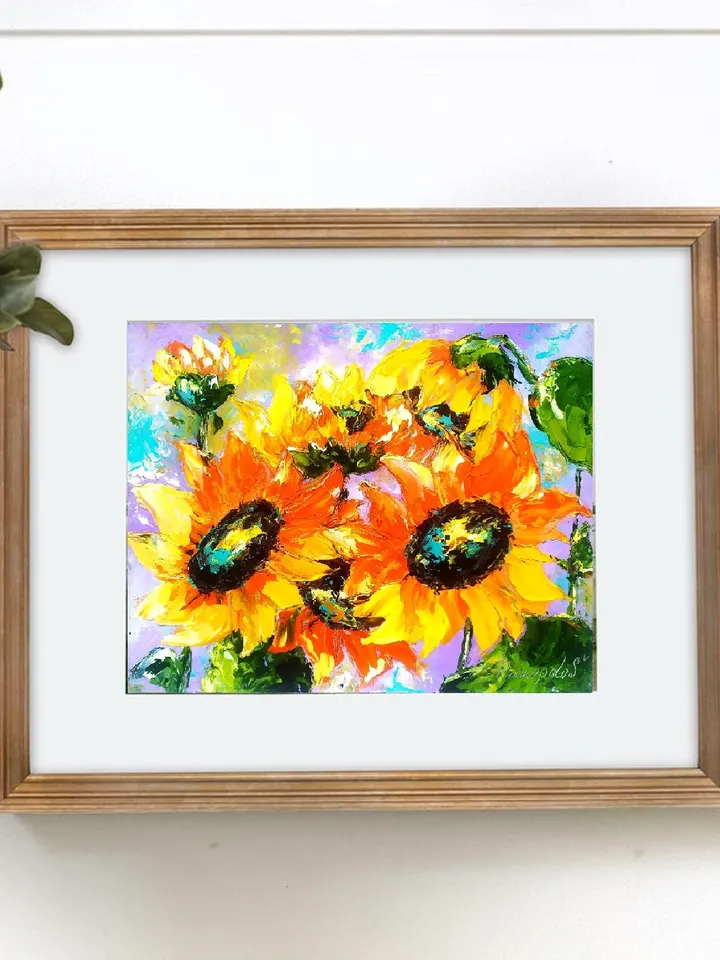 Sunflower Painting Floral Original Art Impasto Oil Painting 8x10 Flower Artwork Sunflowers Wall Art Painting by ArtProkopaloSv