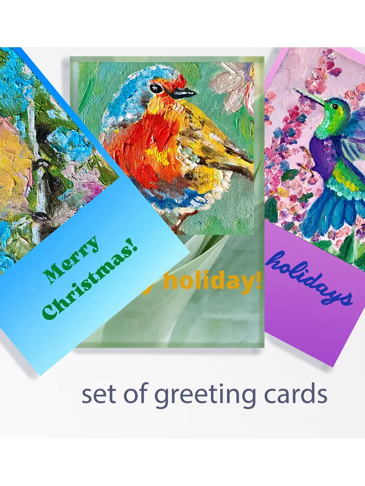 Holiday Birds Assorted Cards, Set of Greeting Cards, Cute Bird Cards to Download, Greeting E-Cards