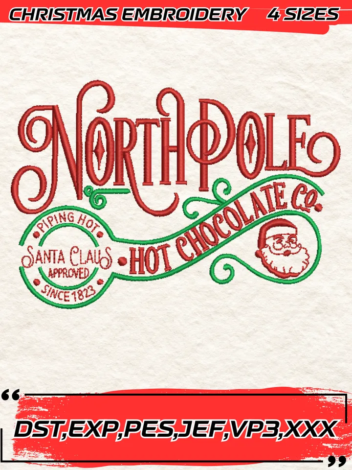 North Pole Embroidery Design,Christmas Embroidery Design,4 Sizes, Digital Download