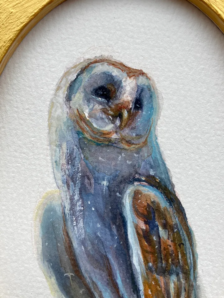 Owl Watercolor Painting Original In Oval Gold Frame Small Framed Bird Art Barn Owl
