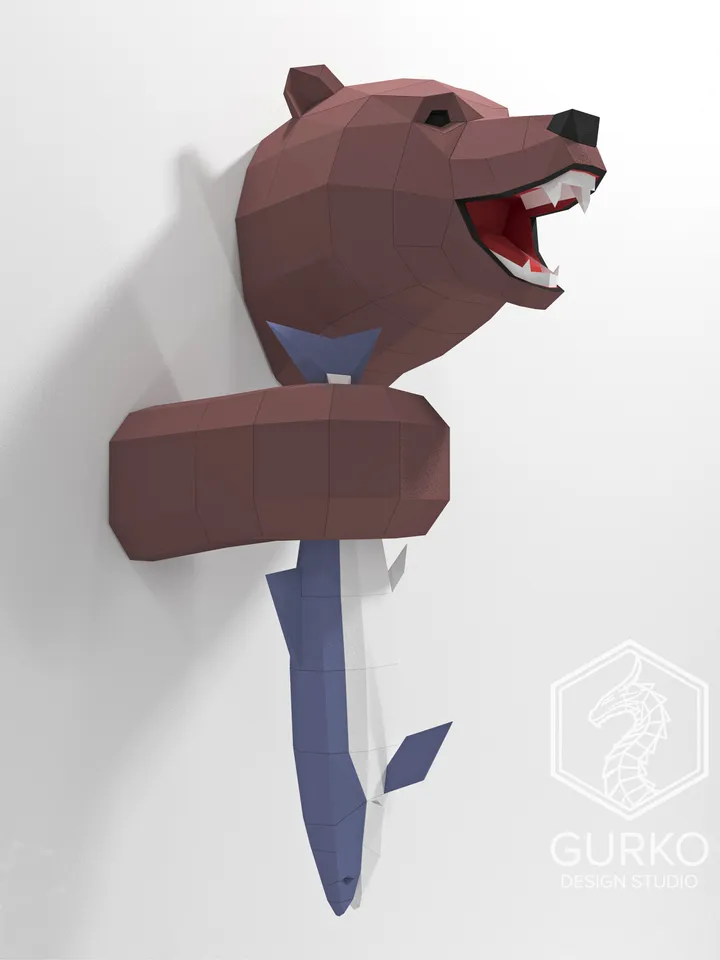Papercraft Bear With Fish, Digital Template, PDF Download, Gurko, Trophy, 3D Low Poly, Pepakura, DIY Origami, Paper Decor, DIY Gift