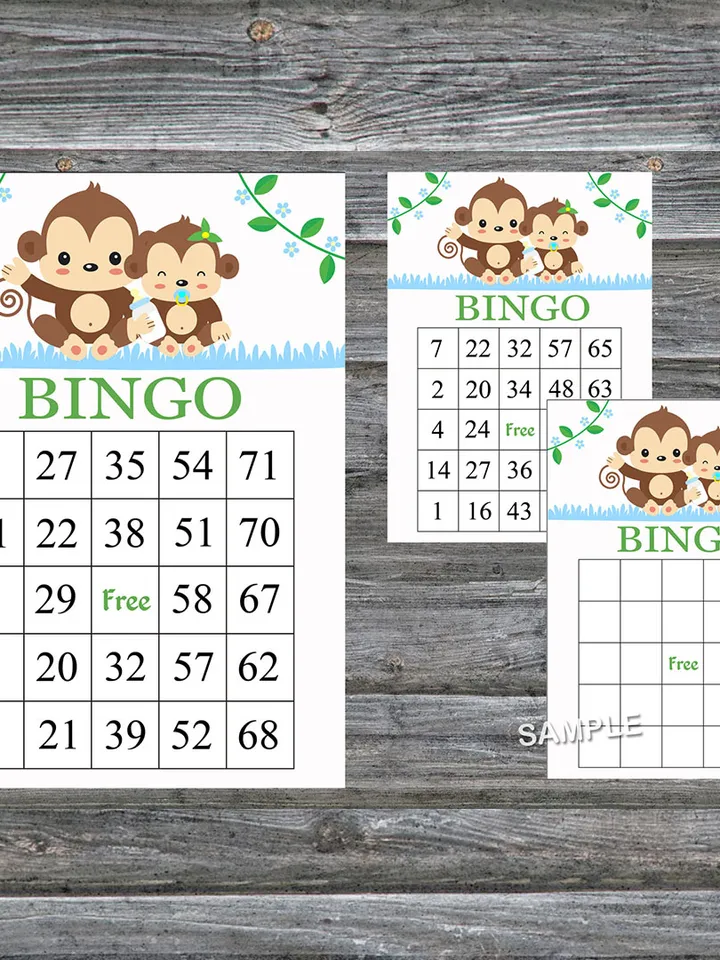 Baby Monkey bingo cards,Baby Monkey bingo game,Monkey printable bingo cards,60 Bingo Cards,INSTANT DOWNLOAD--298